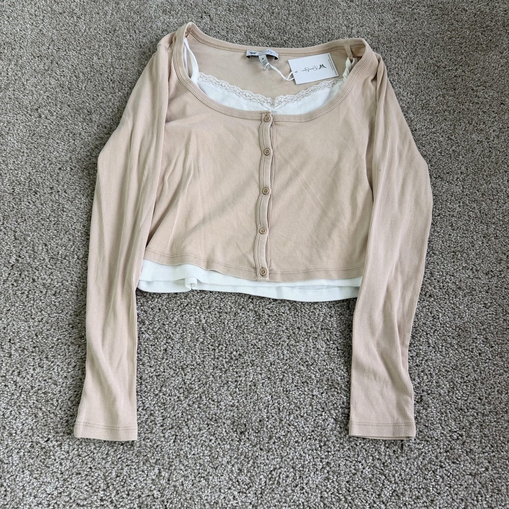 Jessica Simpson Shirt Womens Medium Pink Lace Trim Button Up Cropped Knit Top